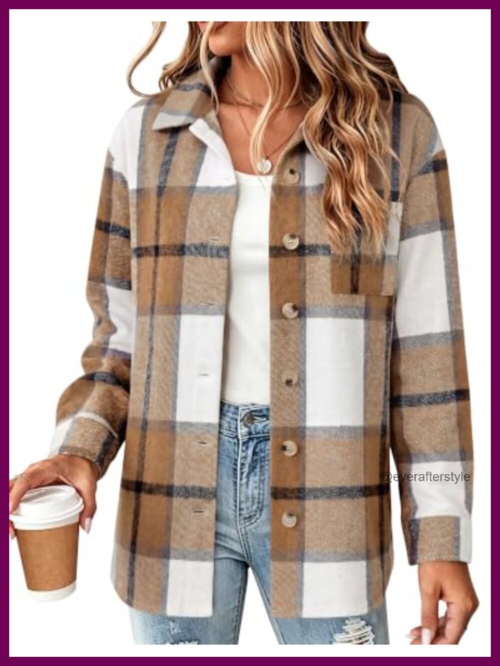 Plaid Button Down Flannel Shacket Long Sleeve Shirt Casual Jacket